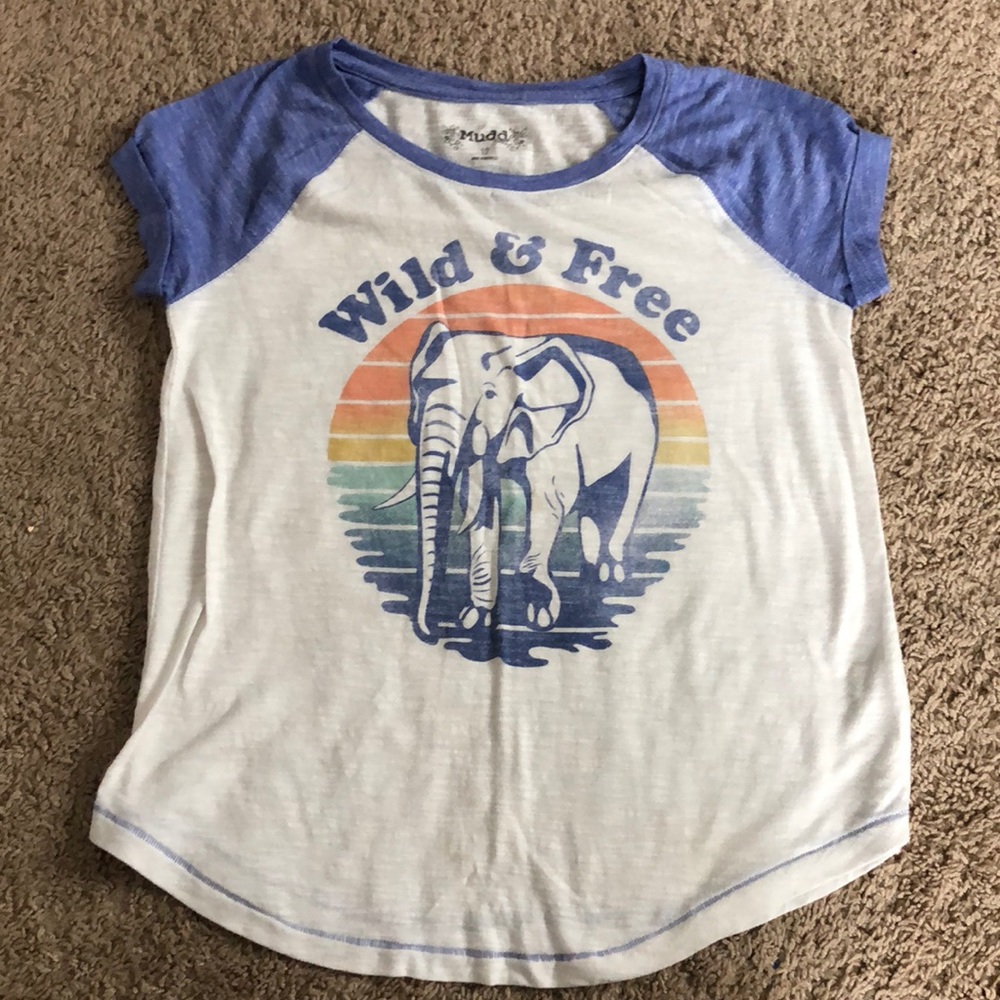 White graphic tee with blue sleeves